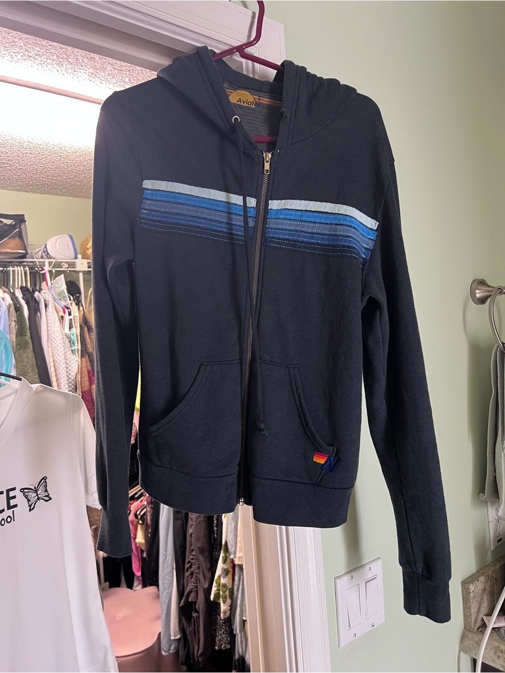 Aviator Nation Black Zip Hoodie with Blue Stripe Accents